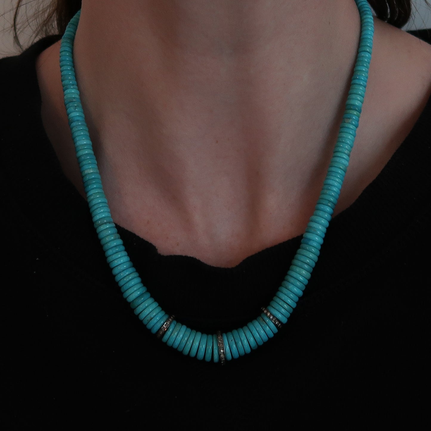 GRADUATED TURQUOISE AND DIAMOND HEISHI GEMSTONE NECKLACE