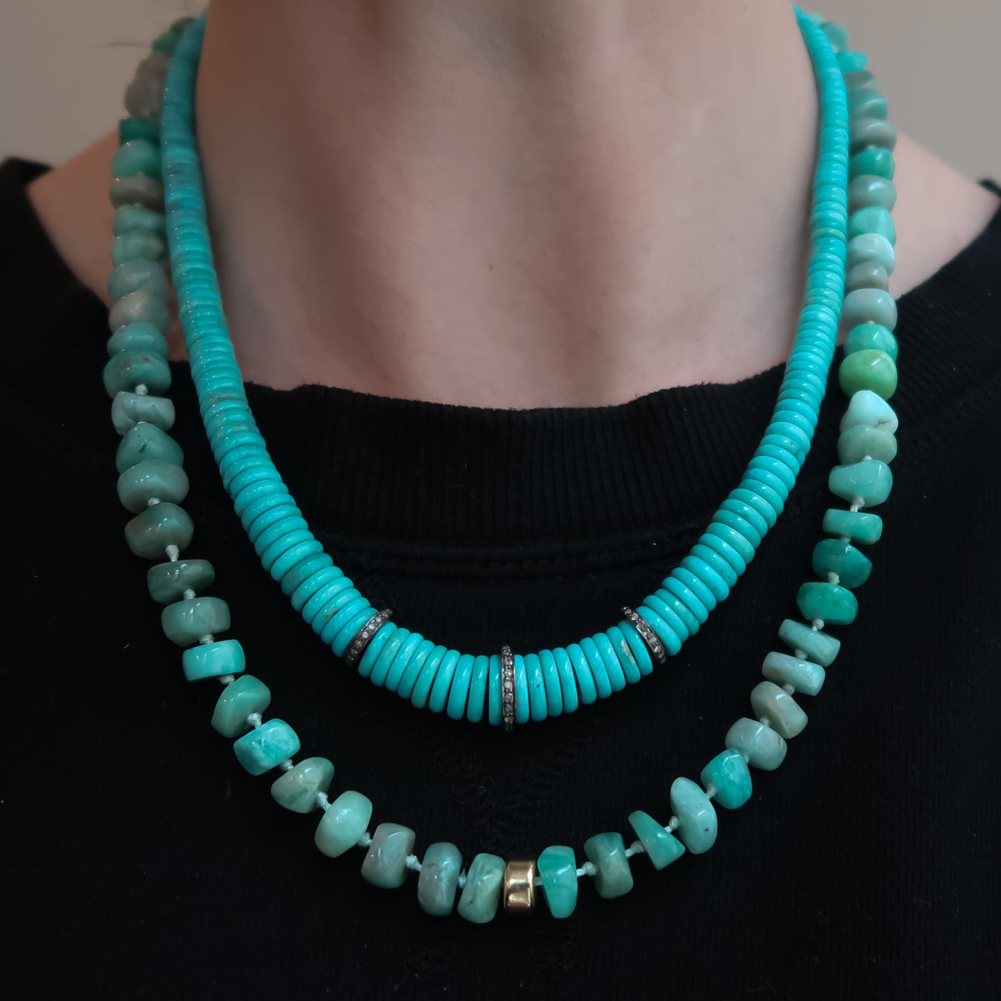 GRADUATED TURQUOISE AND DIAMOND HEISHI GEMSTONE NECKLACE