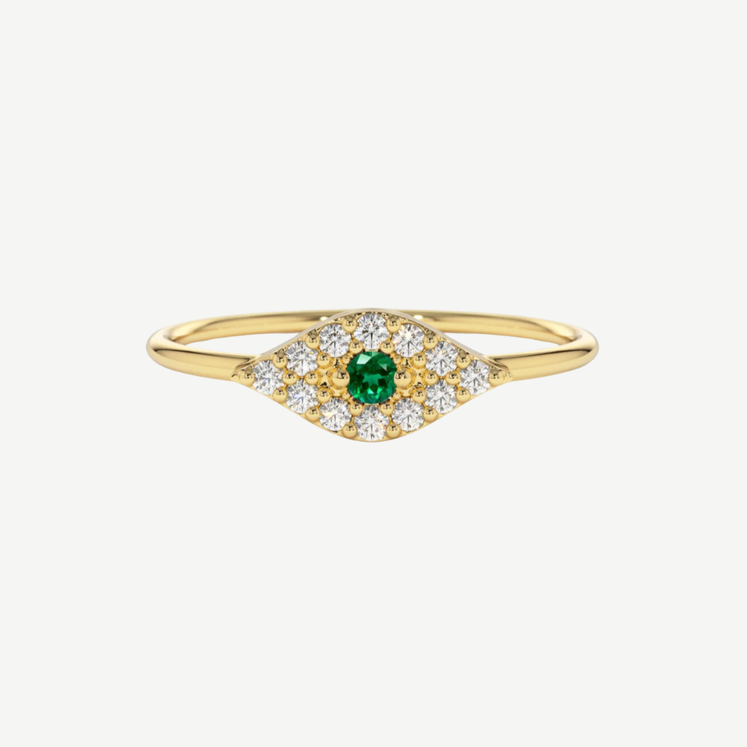 14k Pavé Diamond and Emerald Evil Eye Ring