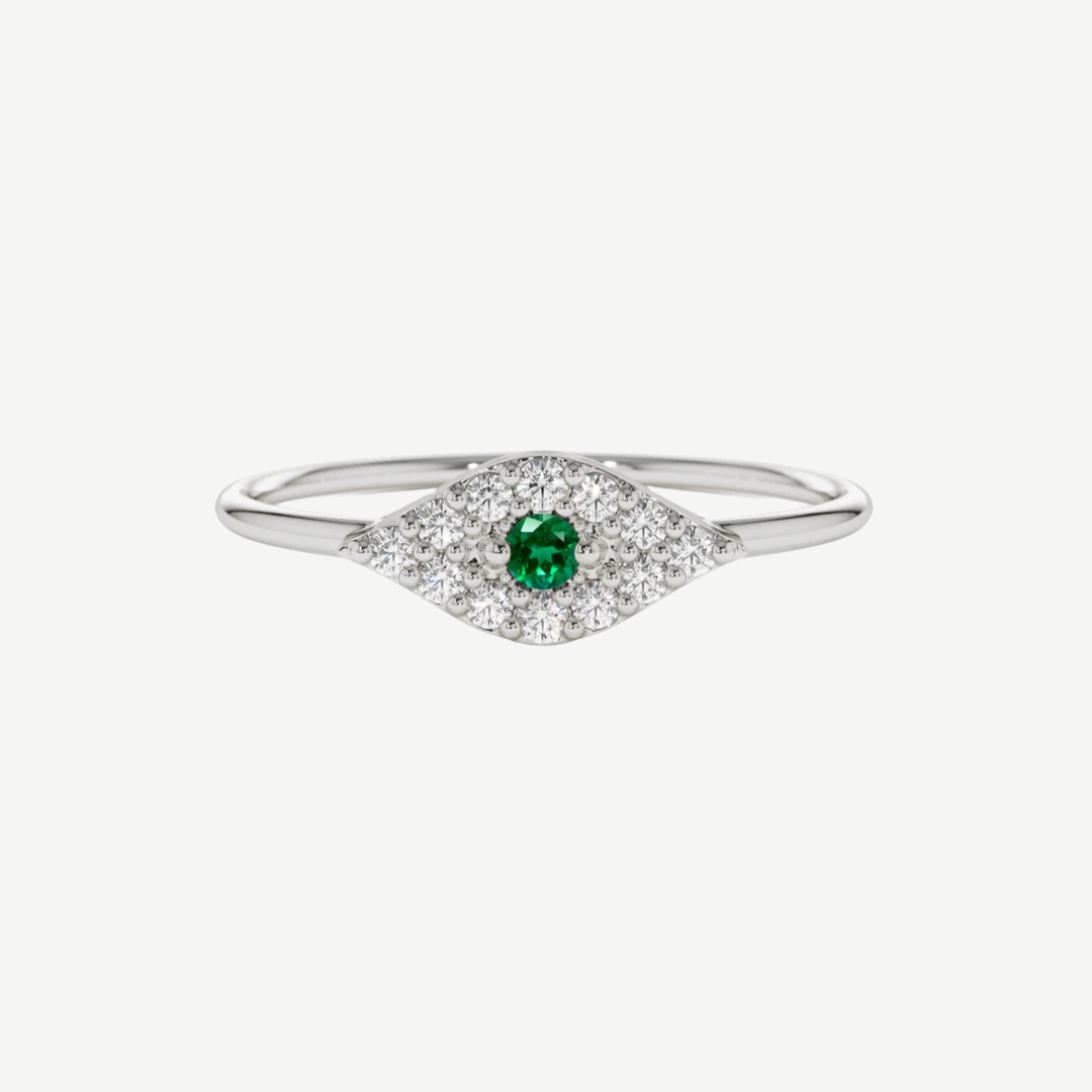 14k Pavé Diamond and Emerald Evil Eye Ring