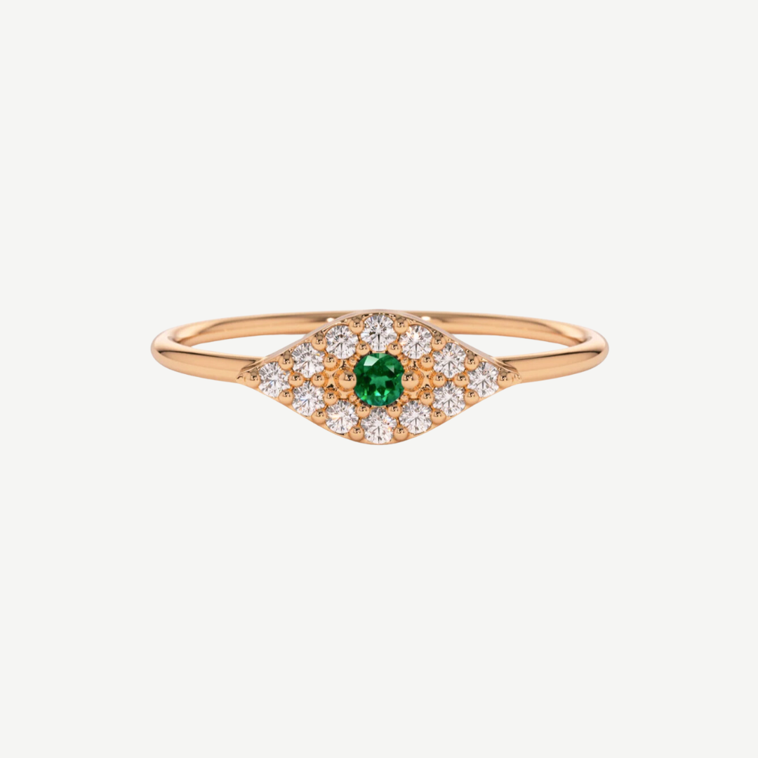 14k Pavé Diamond and Emerald Evil Eye Ring